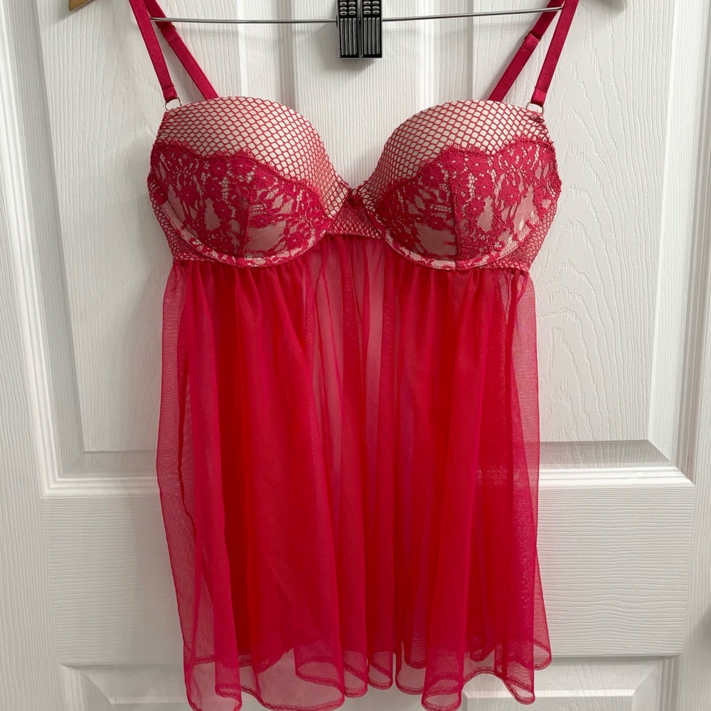 Victoria’s Secret Babydoll Bra Lingerie Top 36C Push Up Lace Sheer Pink